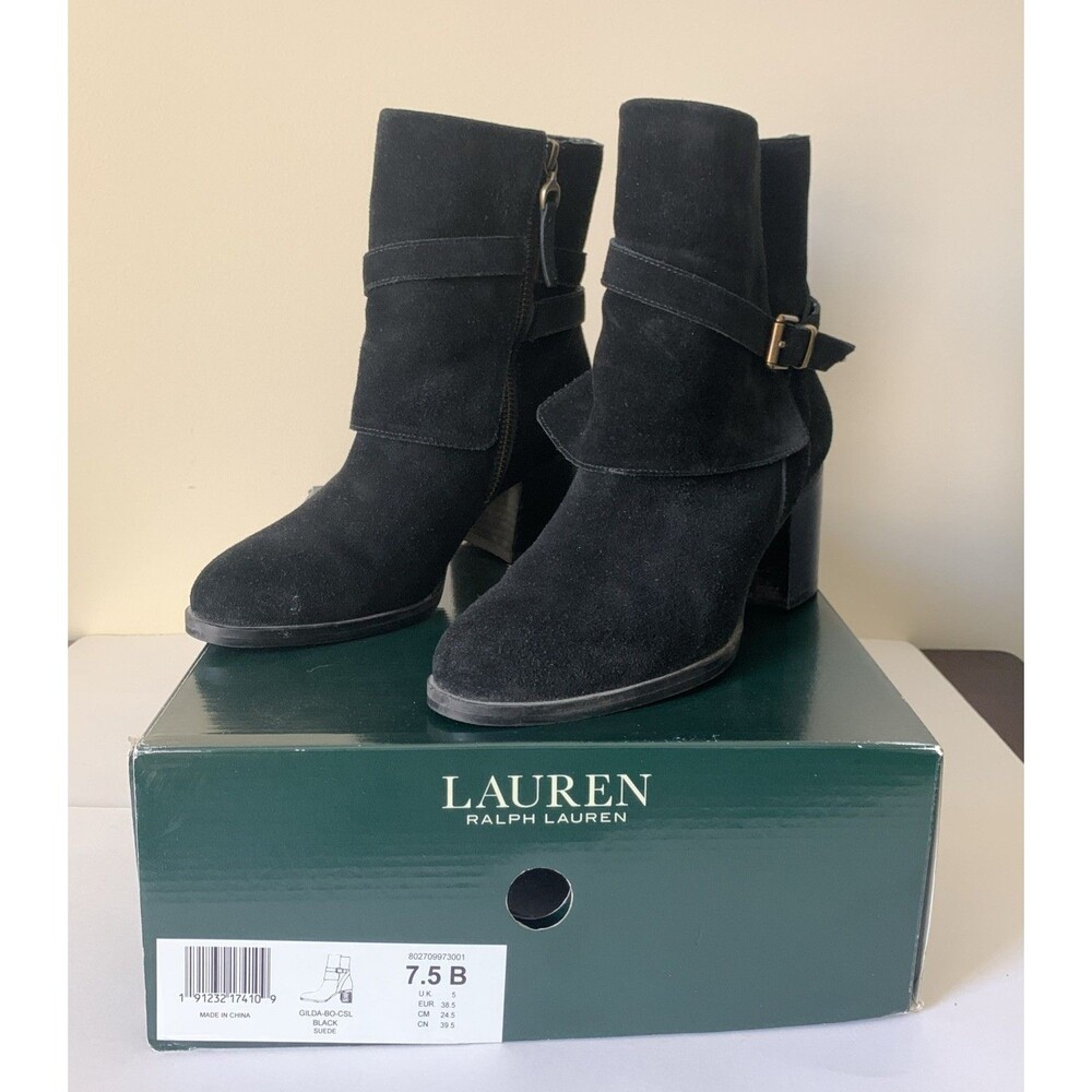 Lauren Ralph Lauren Gilda Womens Short Suede Boots Black Size 7.5 B Block Heel
